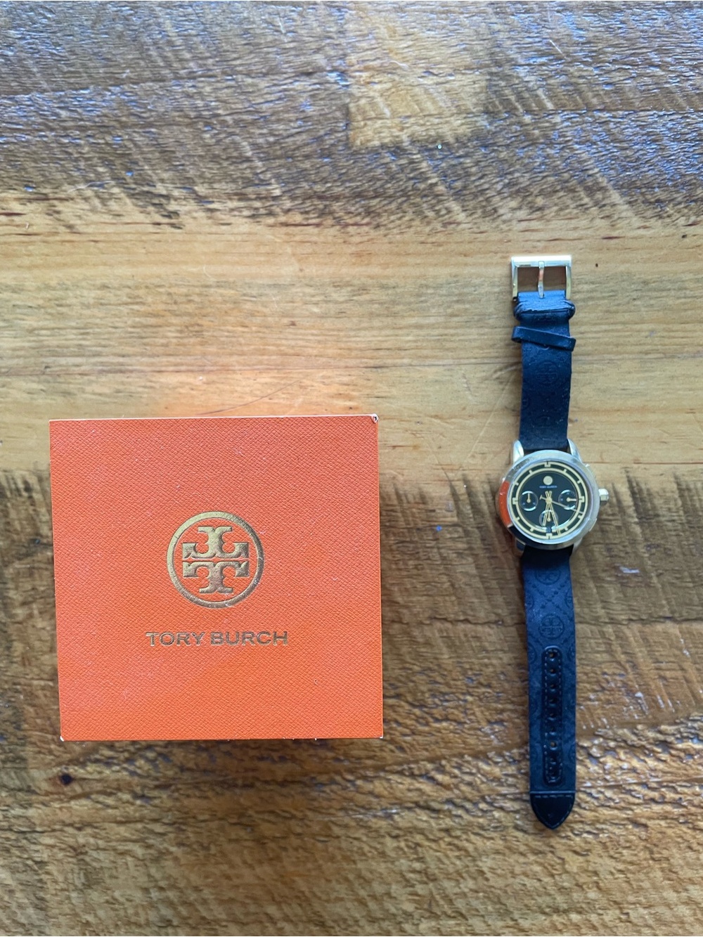 Tory Burch Black and Gold Logo Chronograph Watch